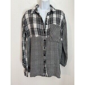 Entro Shirt Top Button Down Plaid Mixed Media Boho Black White Gauzy M